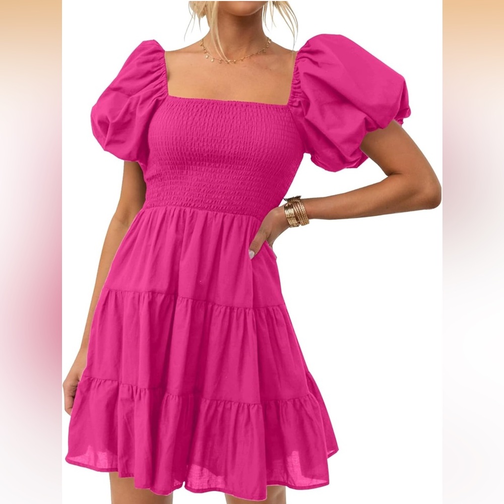 ZESICA Hot Pink Smocked Puff Sleeve Tiered Mini Dress Size M